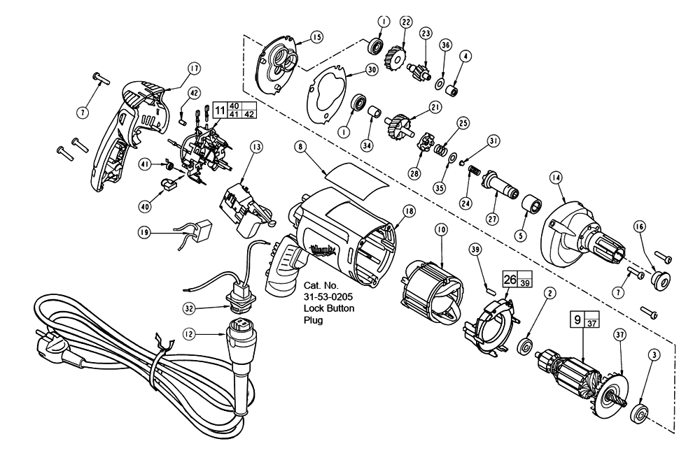 Fig-0 Diagram and Parts List for 6708-51 132A Milwaukee Electric Drill