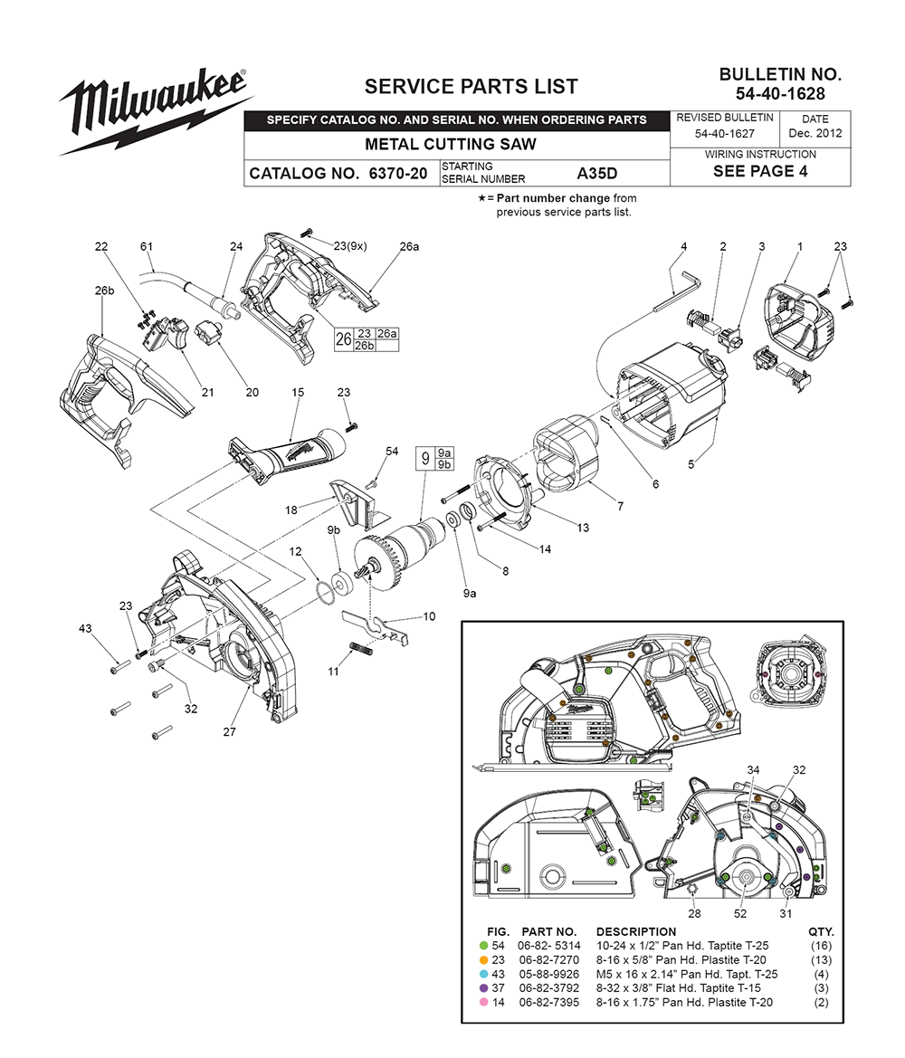 Fig-0 Diagram and Parts List for 6370-20 A35D Milwaukee Saw