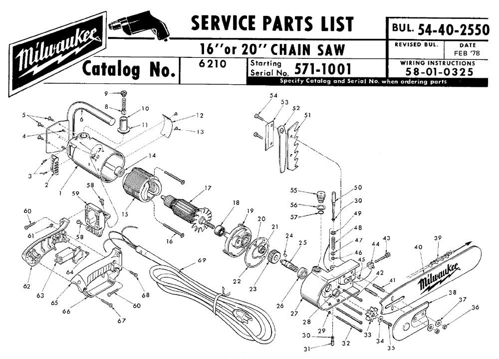 Fig-0 Diagram and Parts List for 6210-2 571-1001 Milwaukee Saw