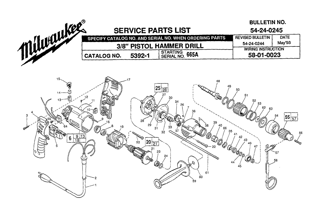Fig-0 Diagram and Parts List for 5392-1 665A Milwaukee Electric Drill
