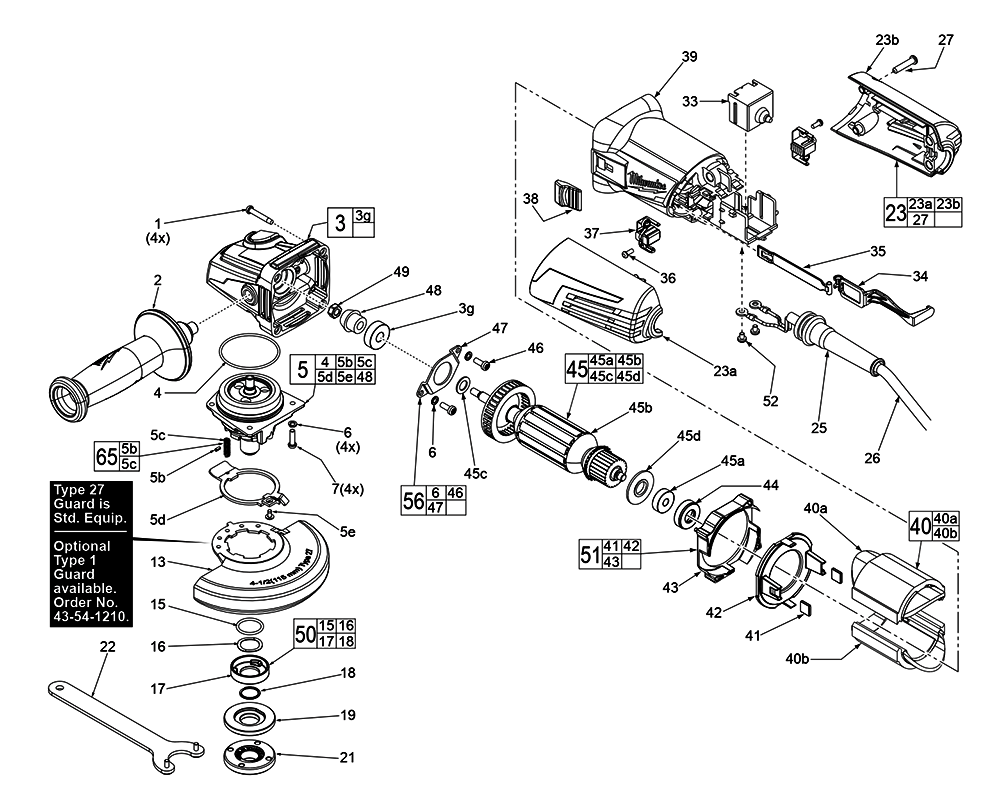 Fig-0 Diagram and Parts List for 6149-59B E38D Milwaukee Angle Grinder