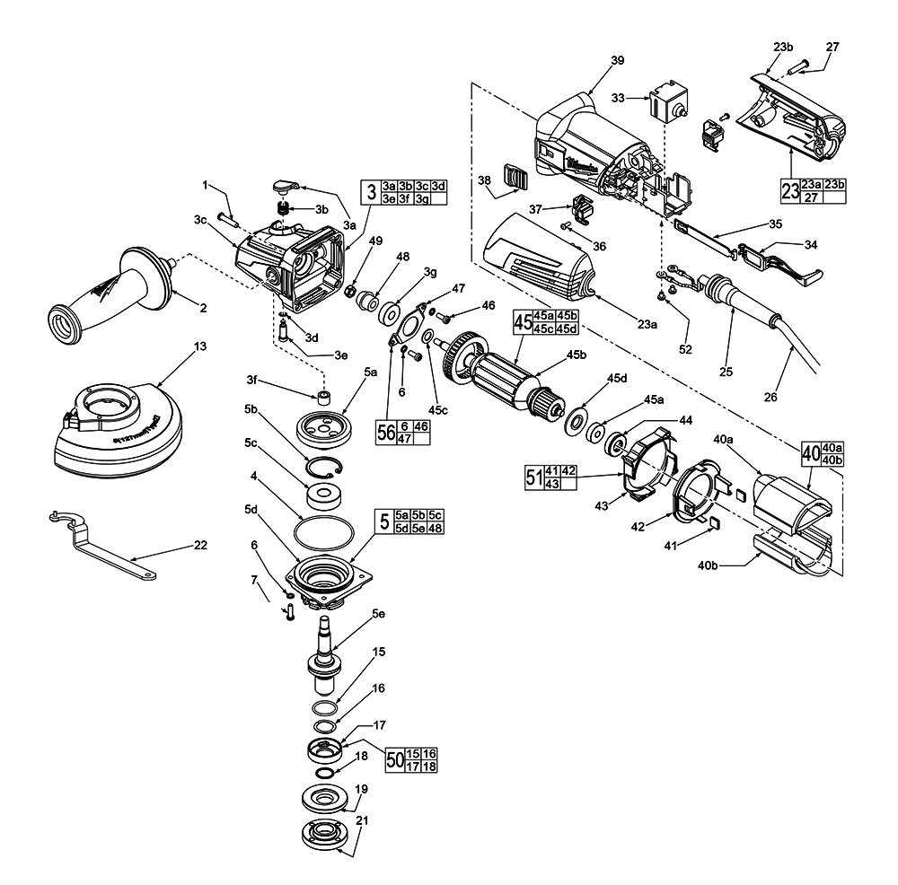 Fig-0 Diagram and Parts List for 6149-59 D10B Milwaukee Angle Grinder