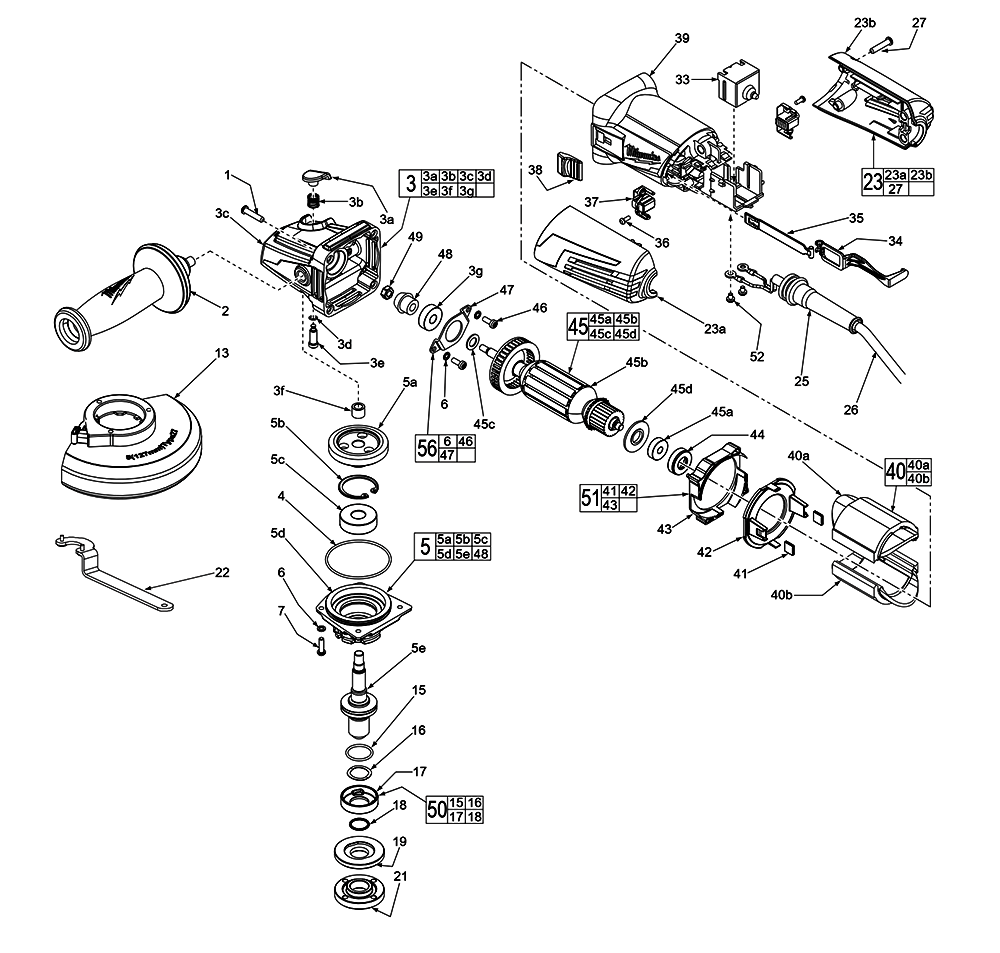 Fig-0 Diagram and Parts List for 6149-59A D11A Milwaukee Angle Grinder