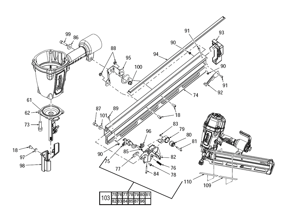 Fig-1 Diagram and Parts List for 7200-20 G98A Milwaukee Nailer