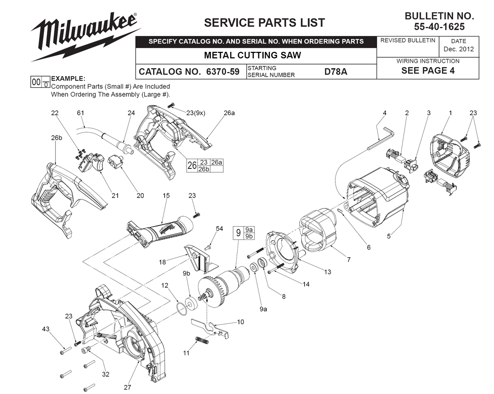 Fig-0 Diagram and Parts List for 6370-59 D78A Milwaukee Saw