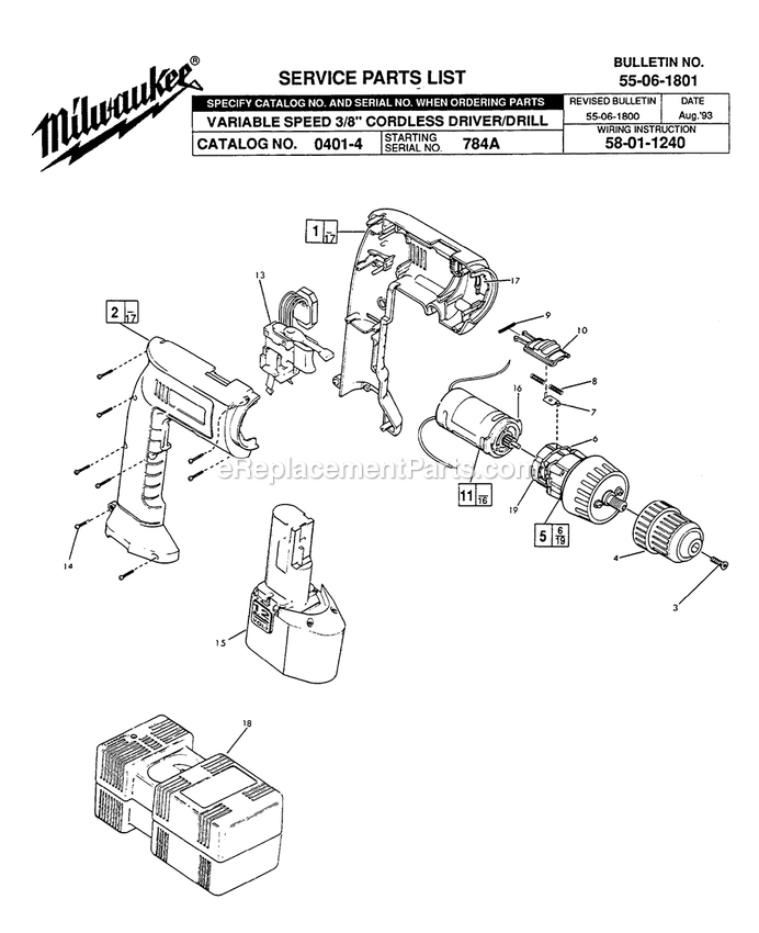 Page A Diagram and Parts List for 0401-4 784A Milwaukee Electric Drill