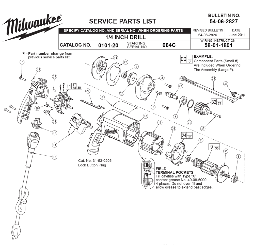 Fig-0 Diagram and Parts List for 0101-20 064C Milwaukee Electric Drill