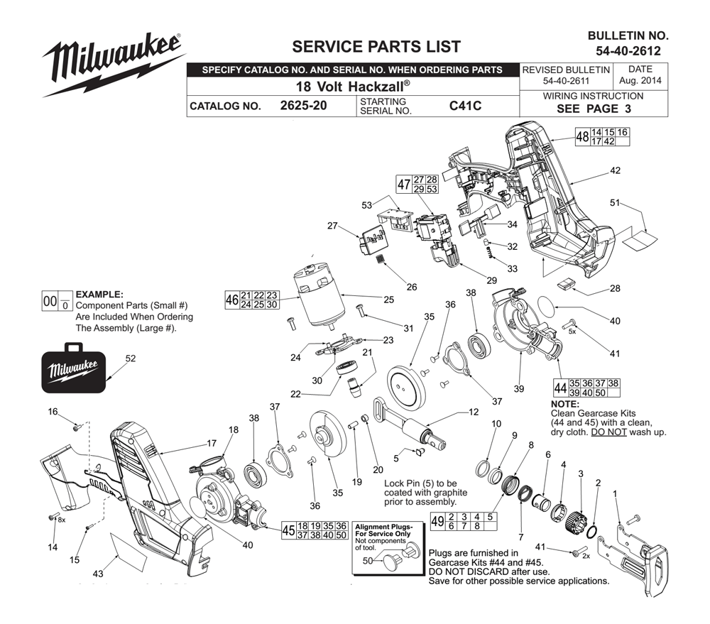Fig-0 Diagram and Parts List for 2625-20 C41C Milwaukee Reciprocating Saw