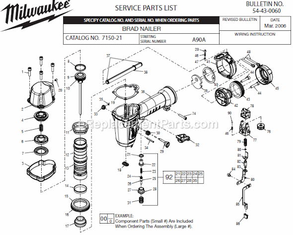 Page A Diagram and Parts List for 7150-21 SER A90A Milwaukee Nailer