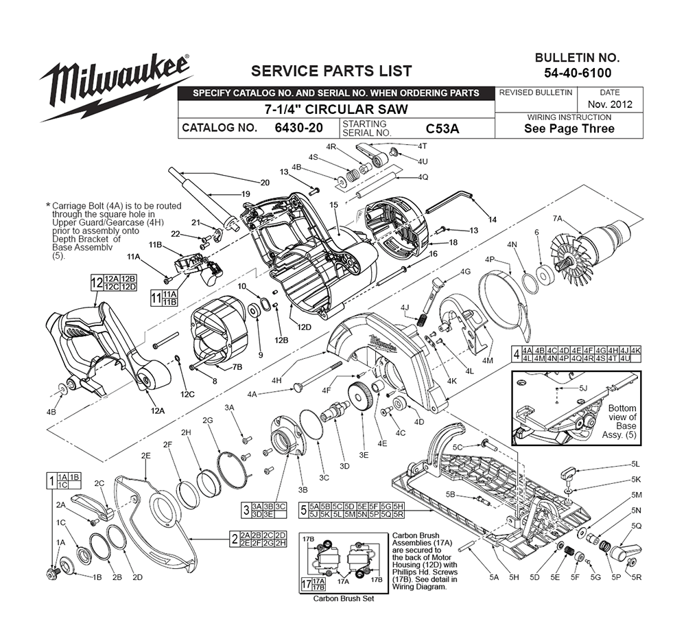 Fig-0 Diagram and Parts List for 6430-20 C53A Milwaukee Circular Saw