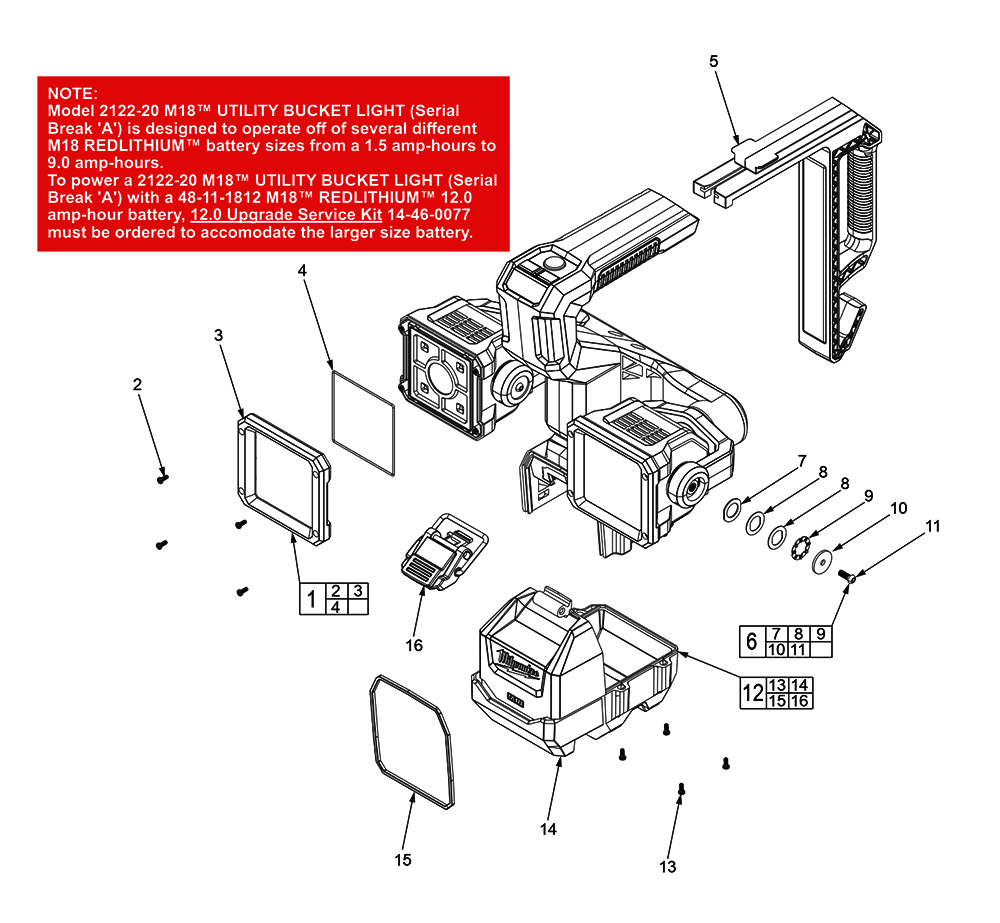 Fig-0 Diagram and Parts List for 2122-20 H72A Milwaukee Worklight & Flashlight