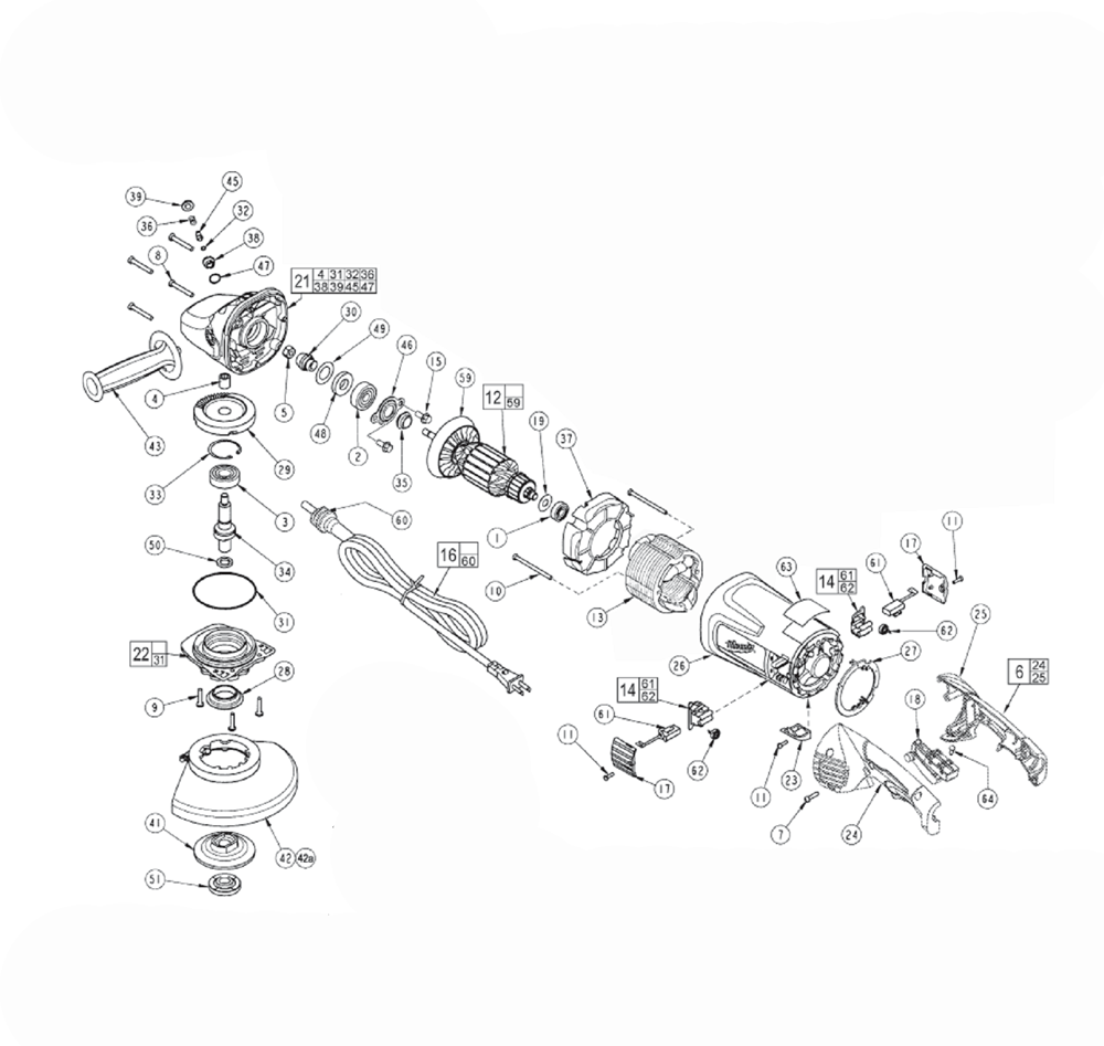 Fig-0 Diagram and Parts List for 6088-30 B43C Milwaukee Angle Grinder