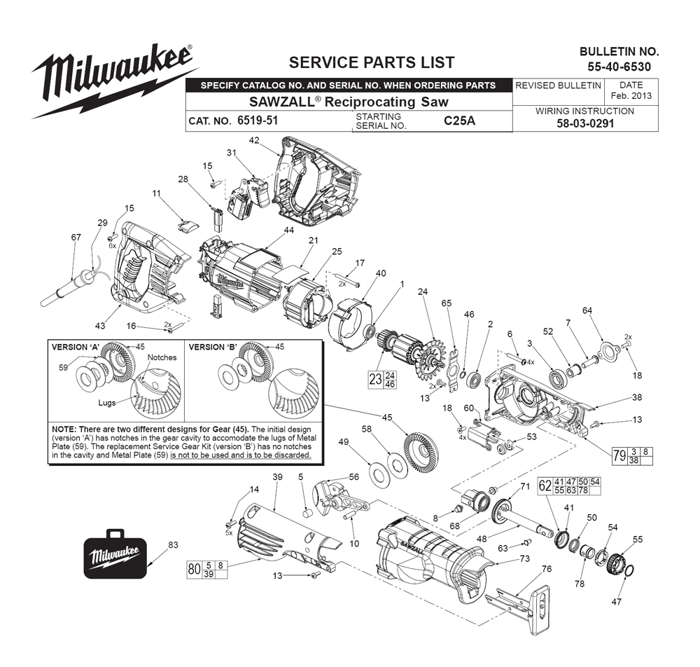 Fig-0 Diagram and Parts List for 6519-51 C25A Milwaukee Reciprocating Saw