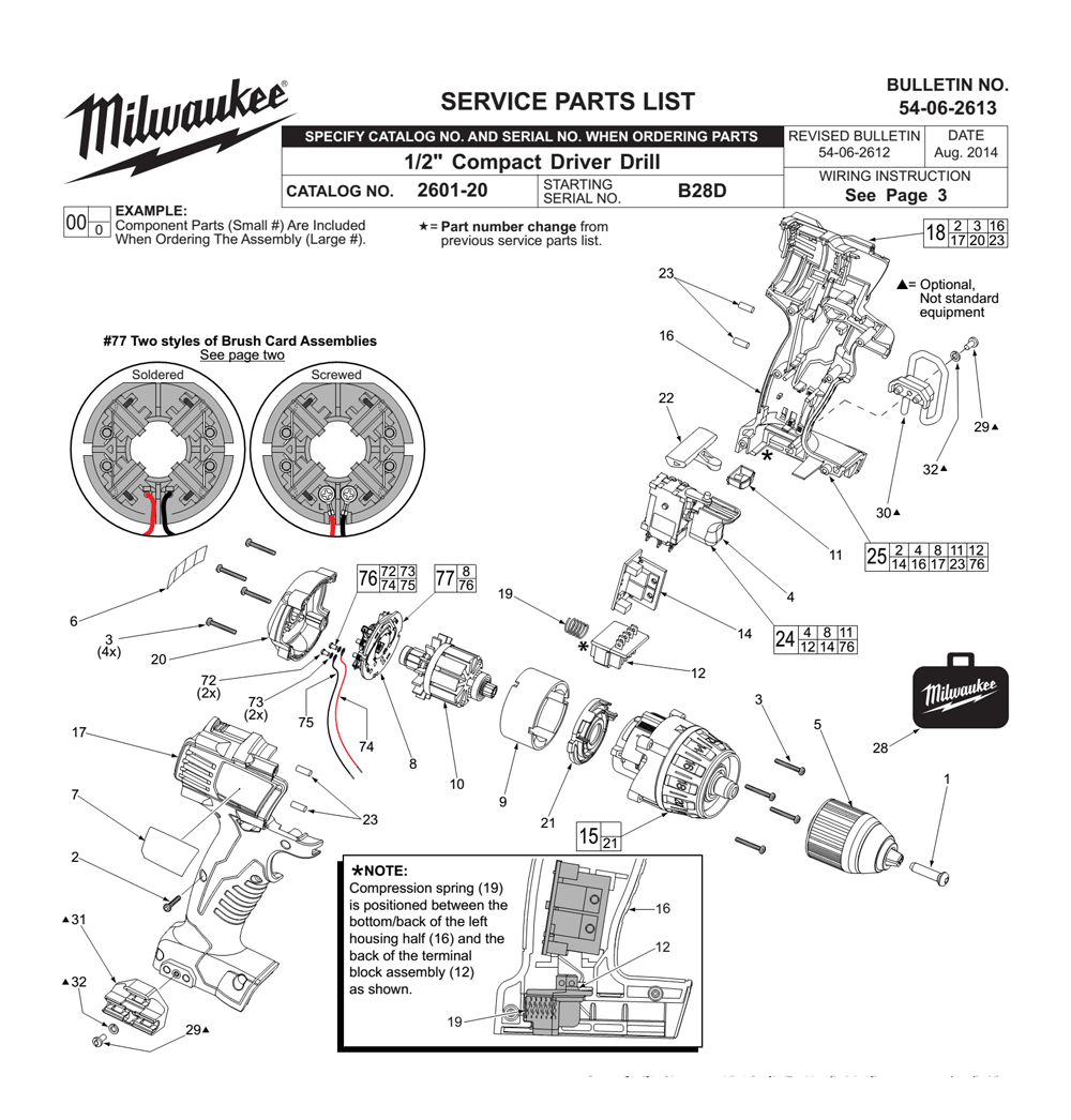 Fig-0 Diagram and Parts List for 2601-20 B2BD Milwaukee Cordless Drill