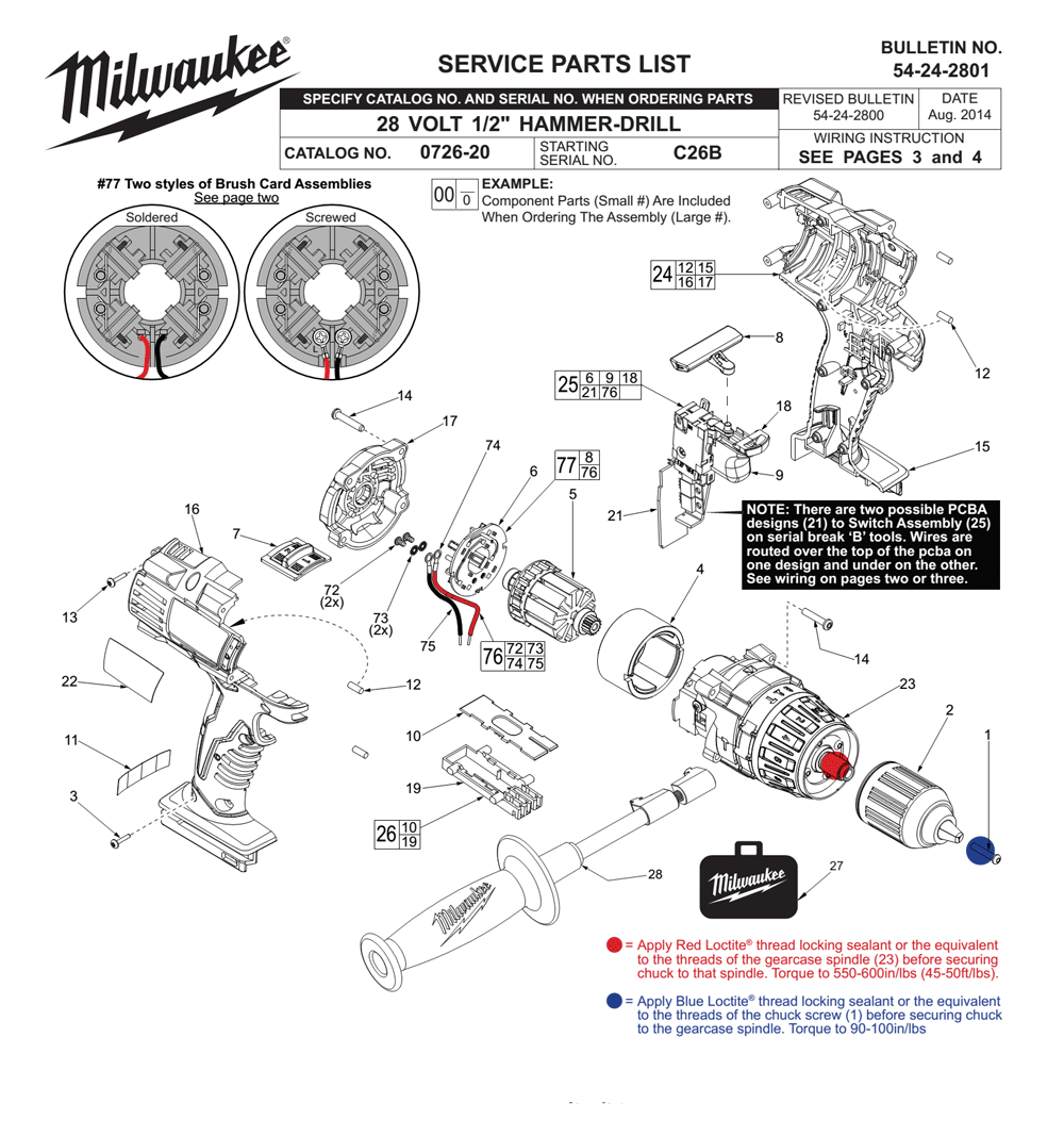 Fig-0 Diagram and Parts List for 0726-20 C26B Milwaukee Cordless Drill