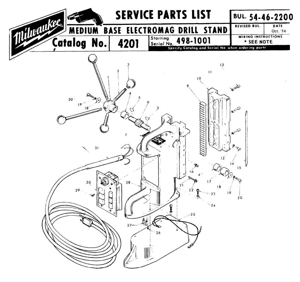 Fig-0 Diagram and Parts List for 4201 (1)(498-1001) Milwaukee Drill Press