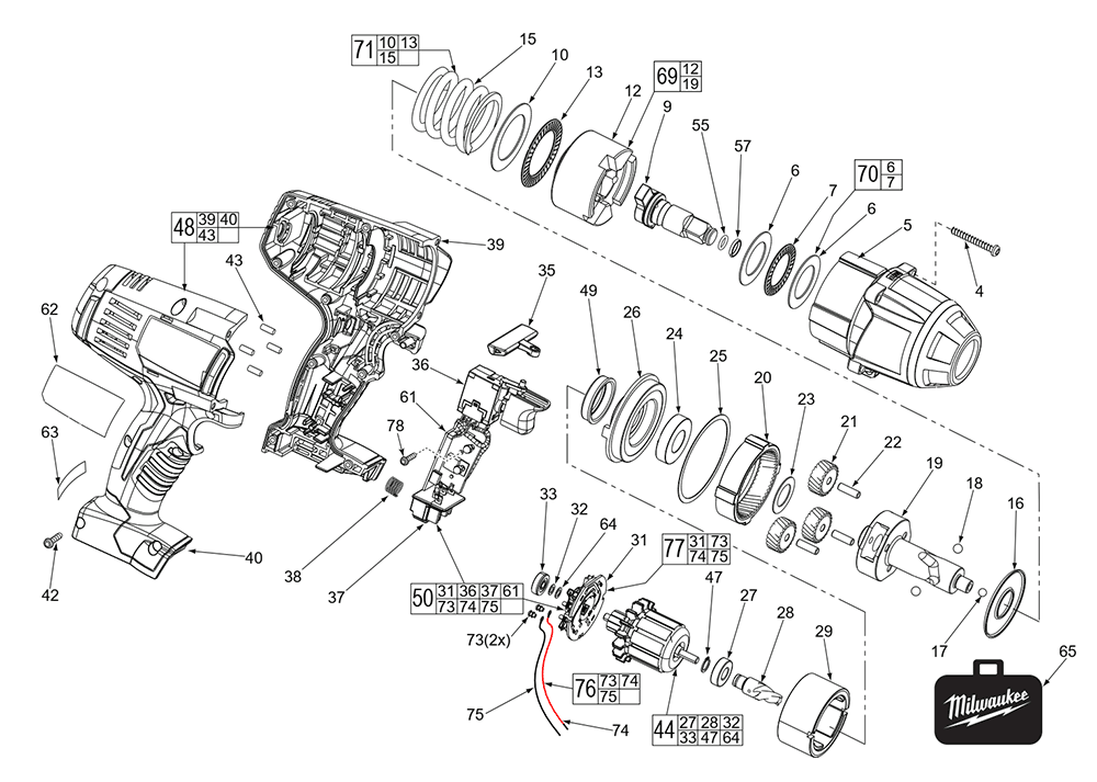Fig-0 Diagram and Parts List for 2663-059 D43C Milwaukee Impact Driver