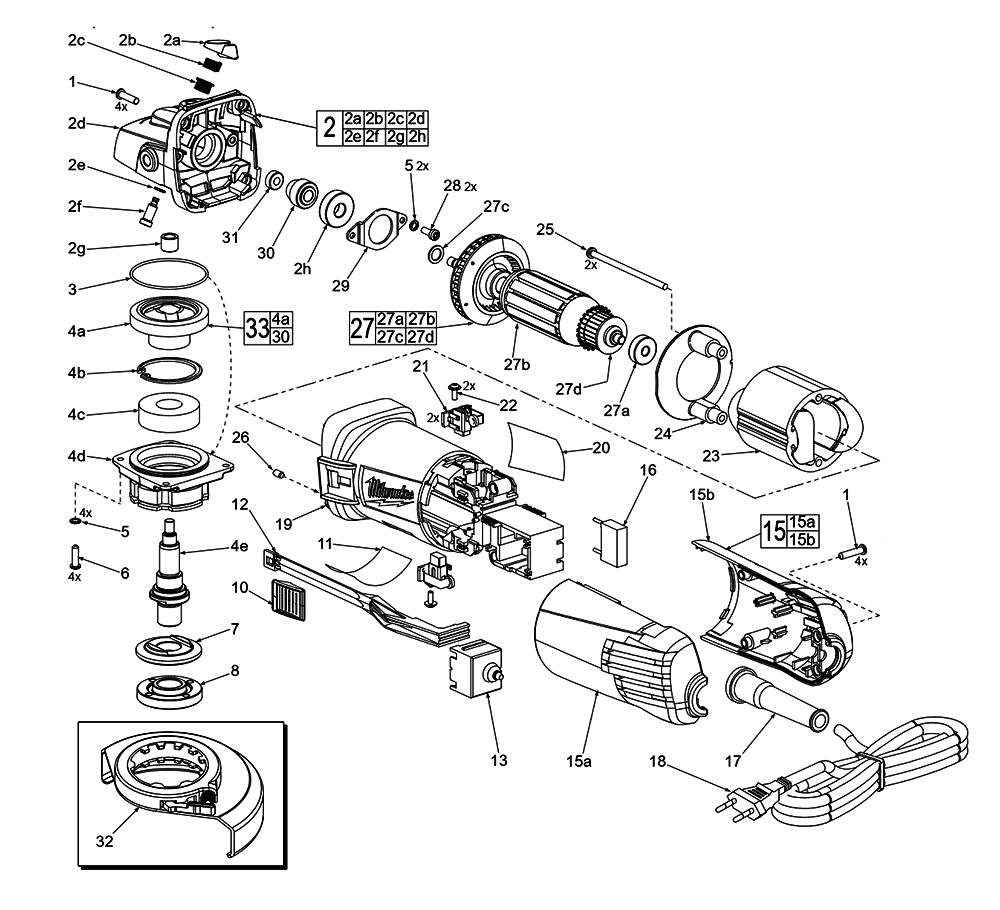 Fig-0 Diagram and Parts List for 6148-59 C42B Milwaukee Angle Grinder
