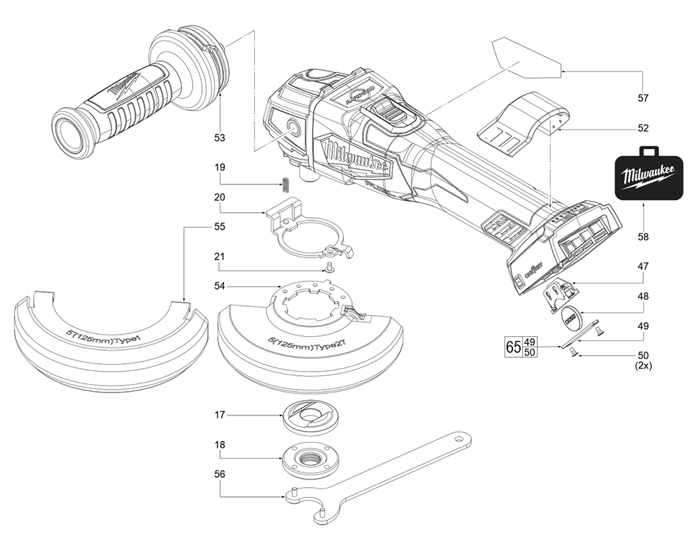 Fig-0 Diagram and Parts List for 2882-20 L68A Milwaukee Angle Grinder