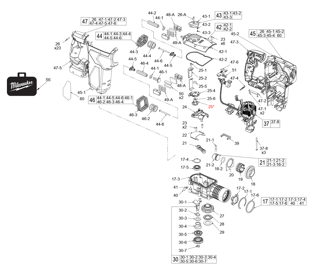 Fig-1 Diagram and Parts List for 2915-20 L87A Milwaukee Hammer Drill