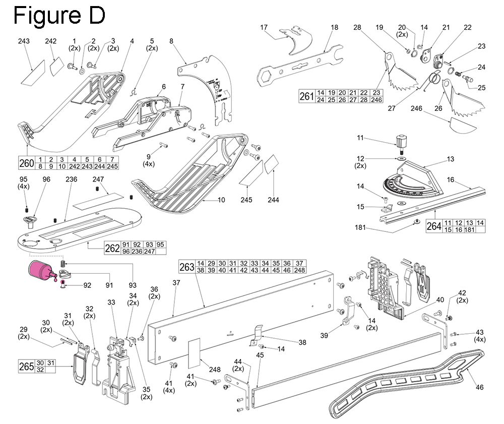 Fig-4 Diagram and Parts List for 2736-20 J35A Milwaukee Table Saw