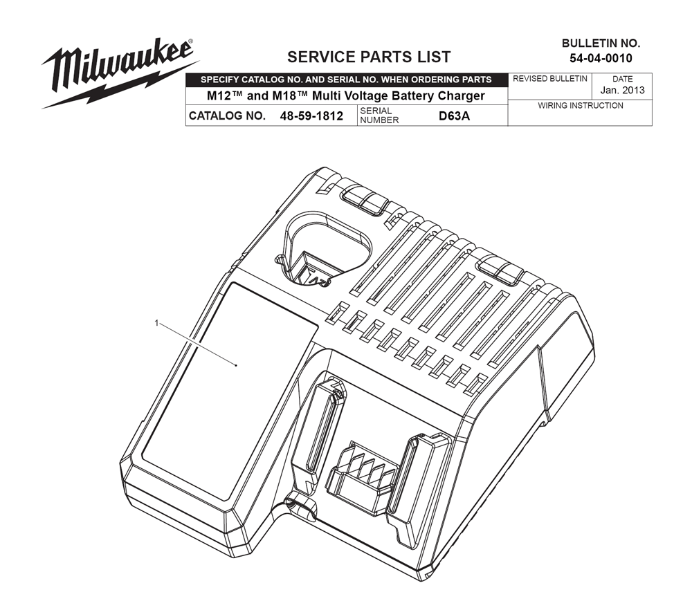 Fig-0 Diagram and Parts List for 48-59-1812 D63A Milwaukee Charger