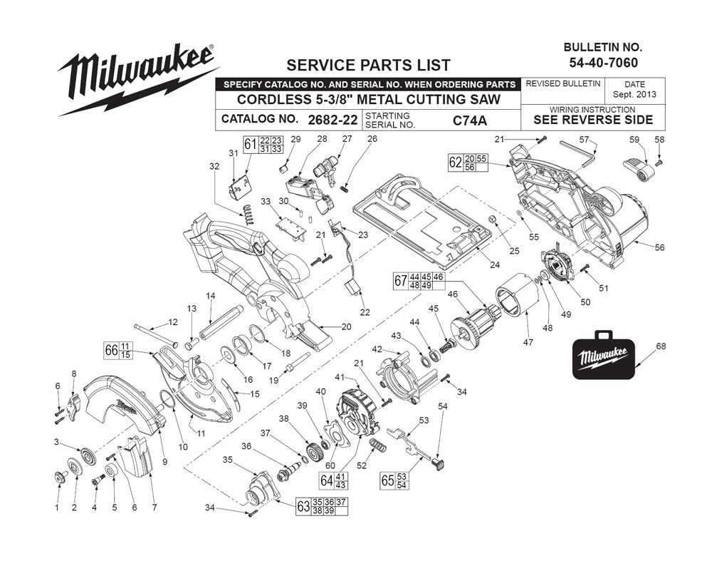 Fig-0 Diagram and Parts List for 2682-22 C74A Milwaukee Saw