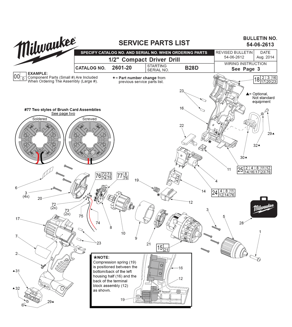 Fig-0 Diagram and Parts List for 2601-22 B28D Milwaukee Cordless Drill