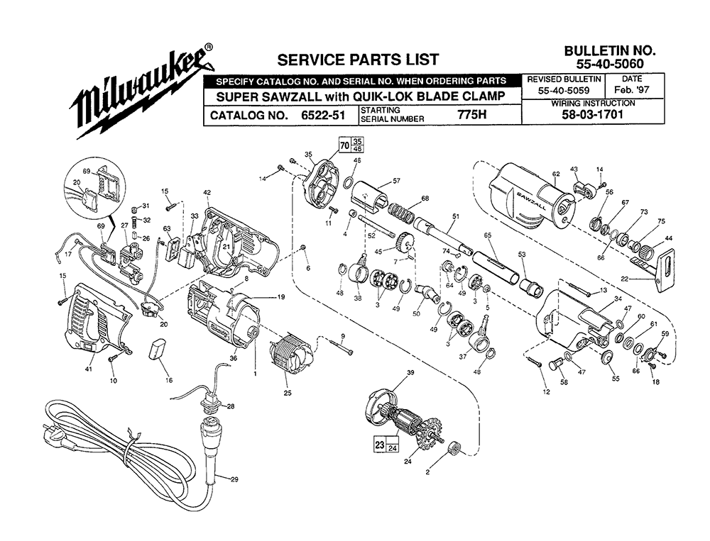 Fig-0 Diagram and Parts List for 6522-51 775H Milwaukee Saw