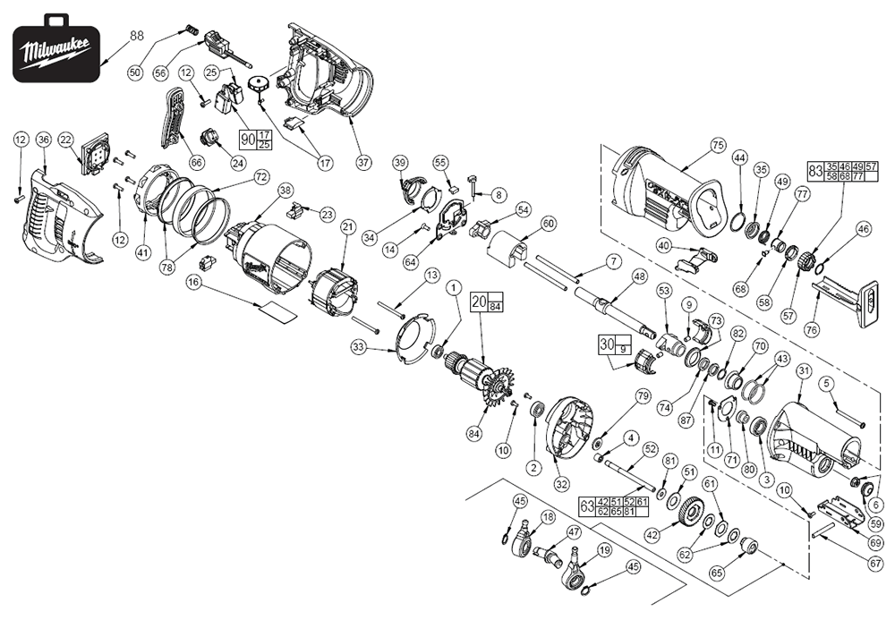 Fig-0 Diagram and Parts List for 6523-21 A65E Milwaukee Saw