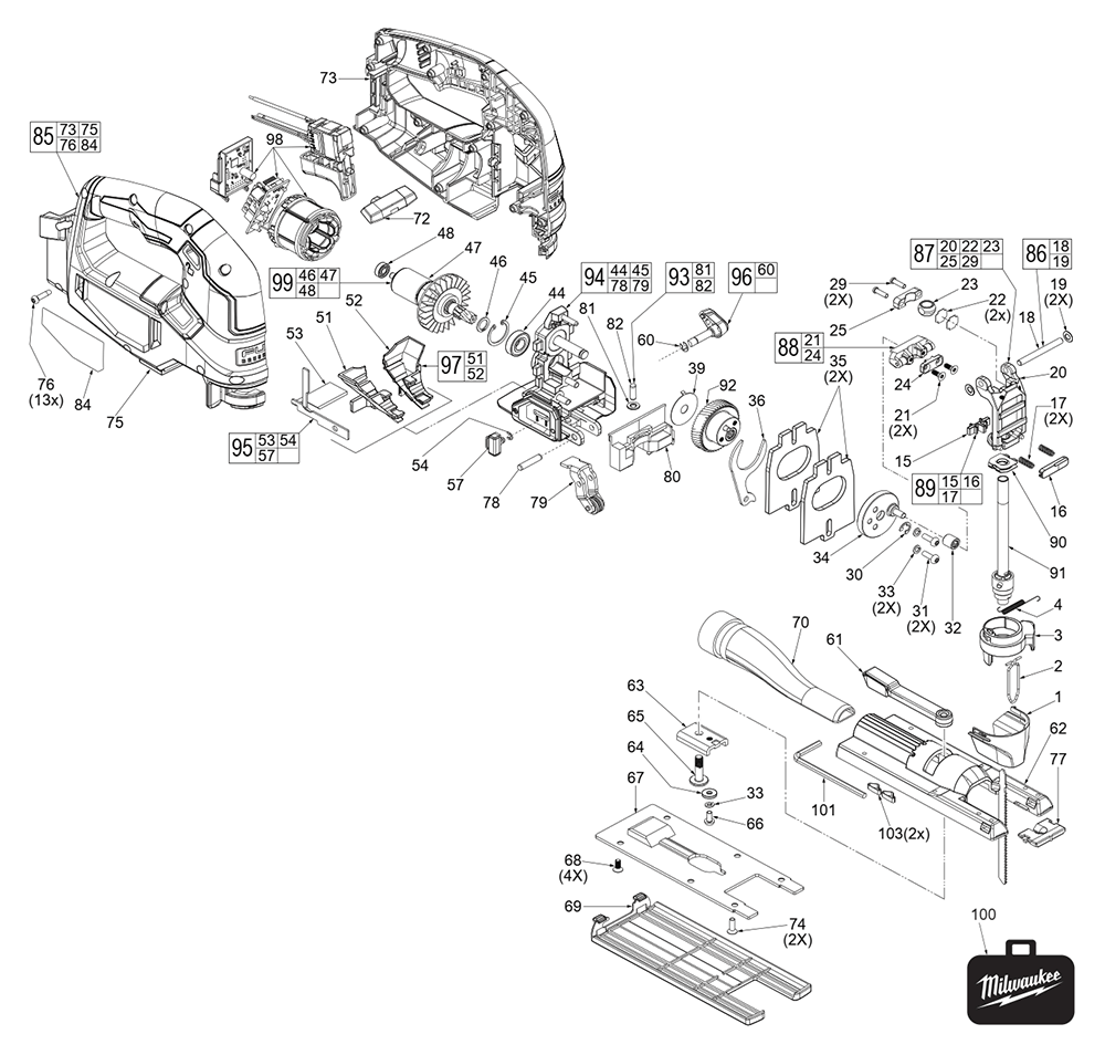 Fig-0 Diagram and Parts List for 2737-20 J70A Milwaukee Jig Saw