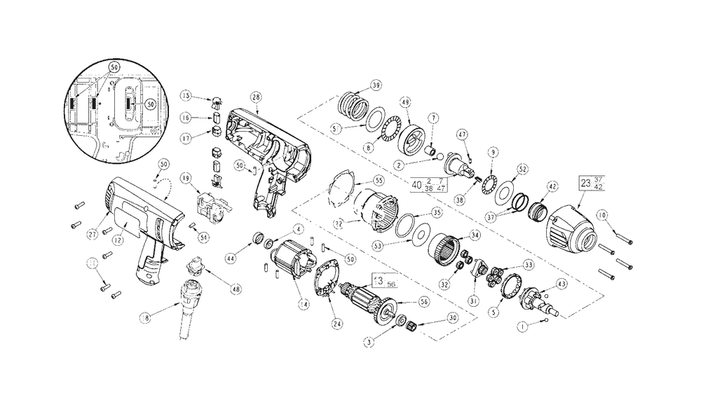 Variable Speed 1/2-Inch D.I. Impact Wrench Diagram and Parts List for 9072-22 238A Milwaukee Wrench