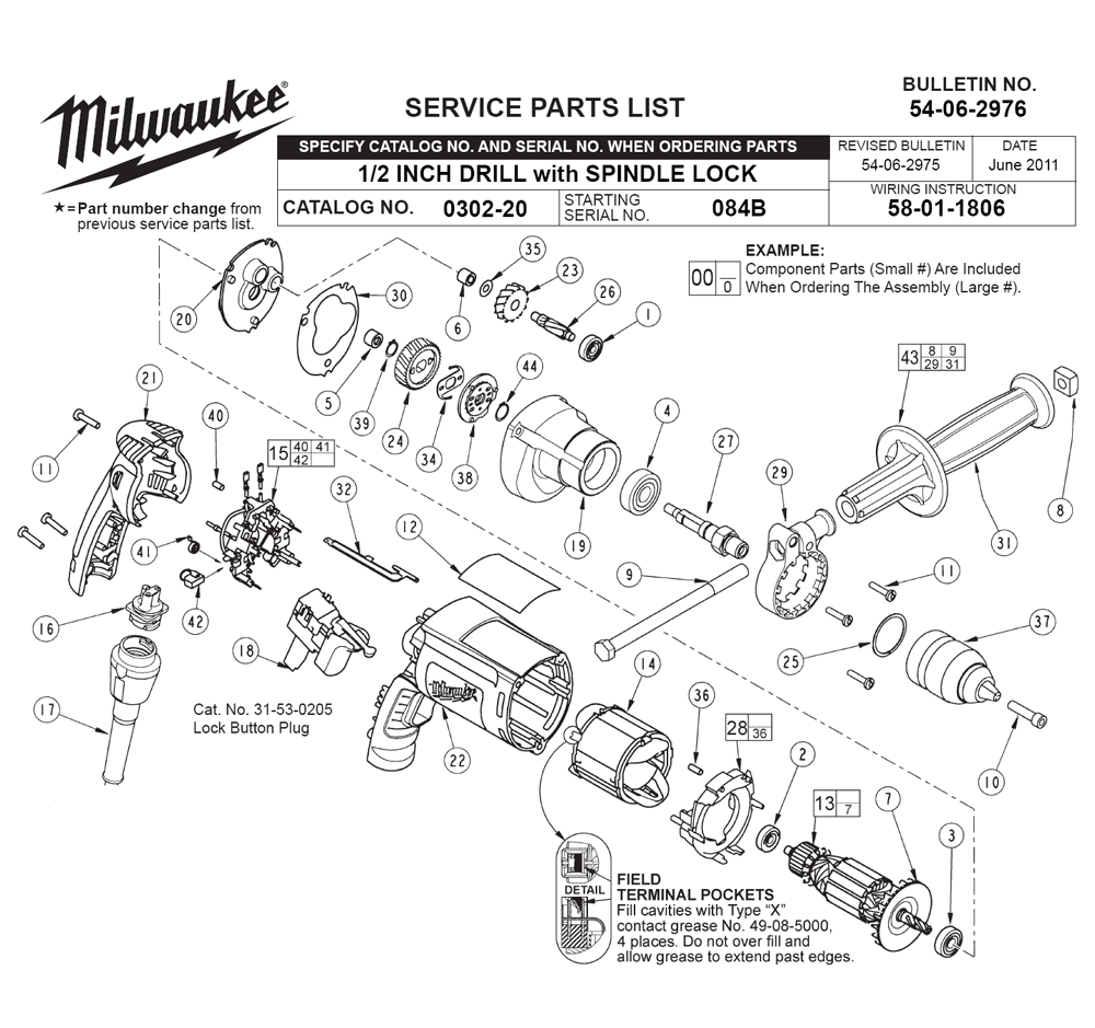 Fig-0 Diagram and Parts List for 0302-20 084B Milwaukee Electric Drill
