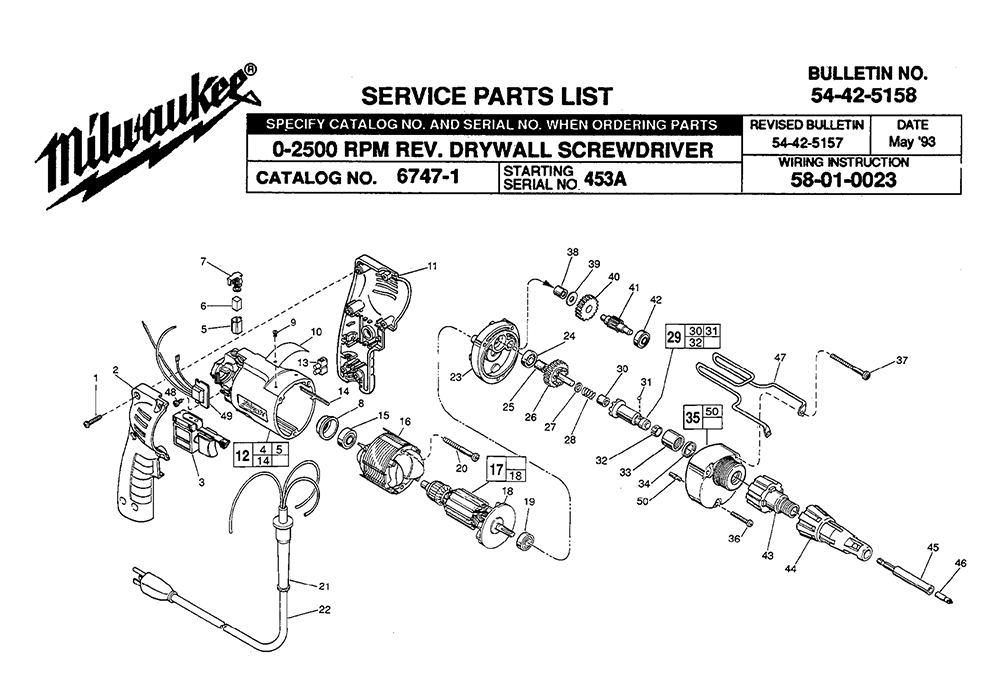 Fig-0 Diagram and Parts List for 6747-1 453A Milwaukee Electric Drill
