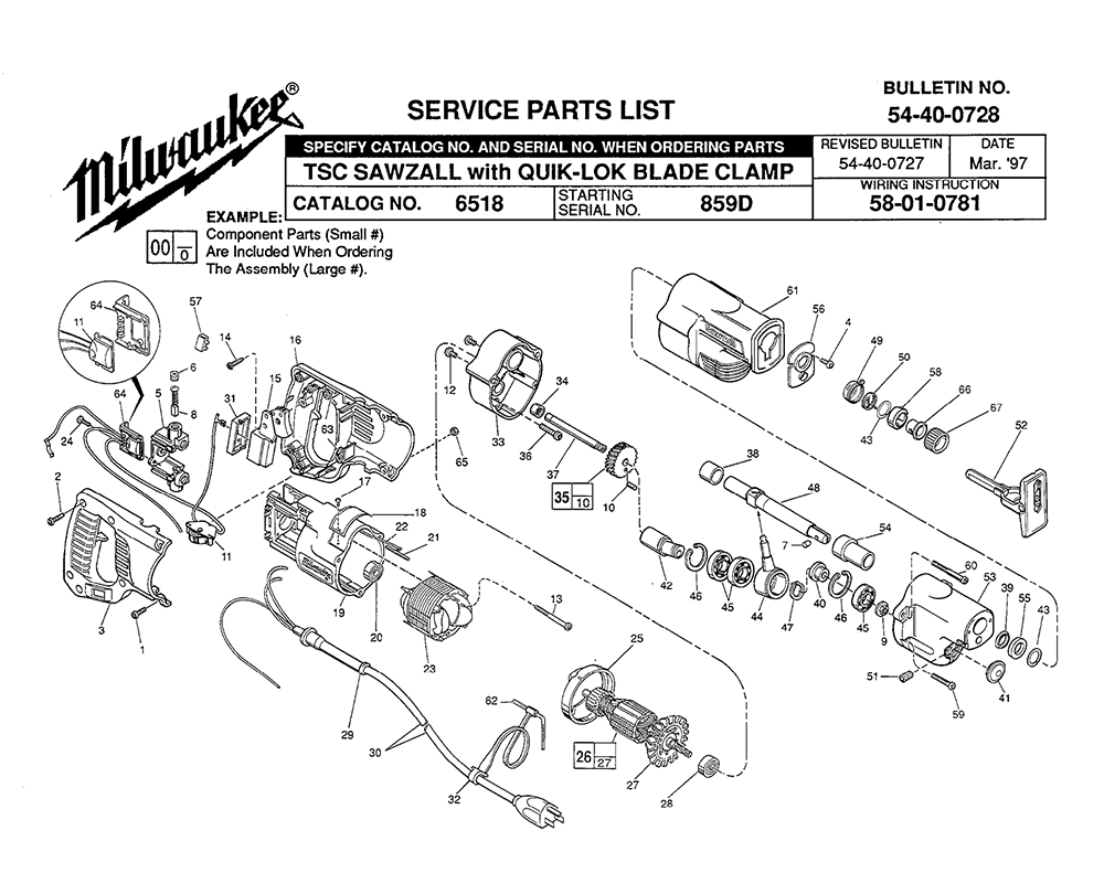 Fig-0 Diagram and Parts List for 6518 985D Milwaukee Saw