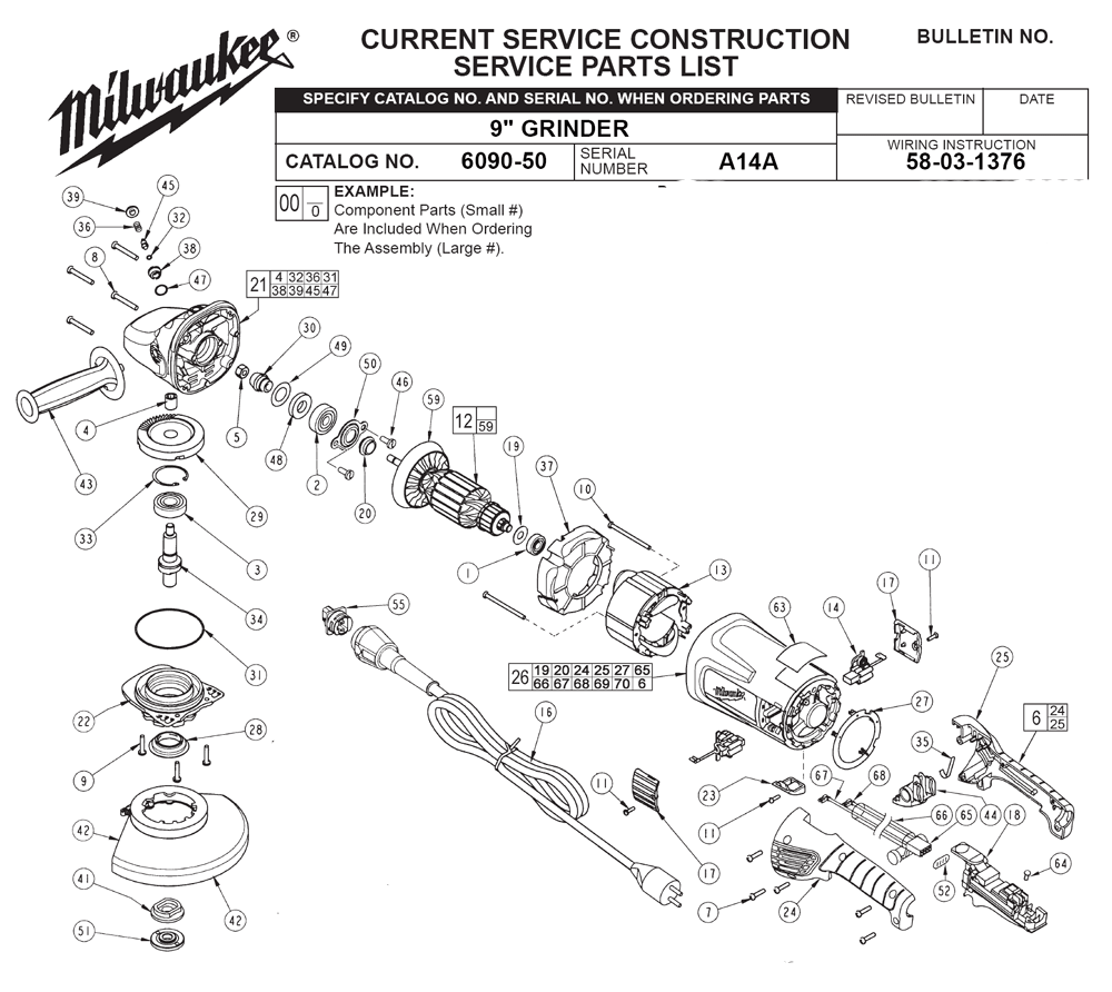 Fig-0 Diagram and Parts List for 6090-50 A14A Milwaukee Angle Grinder