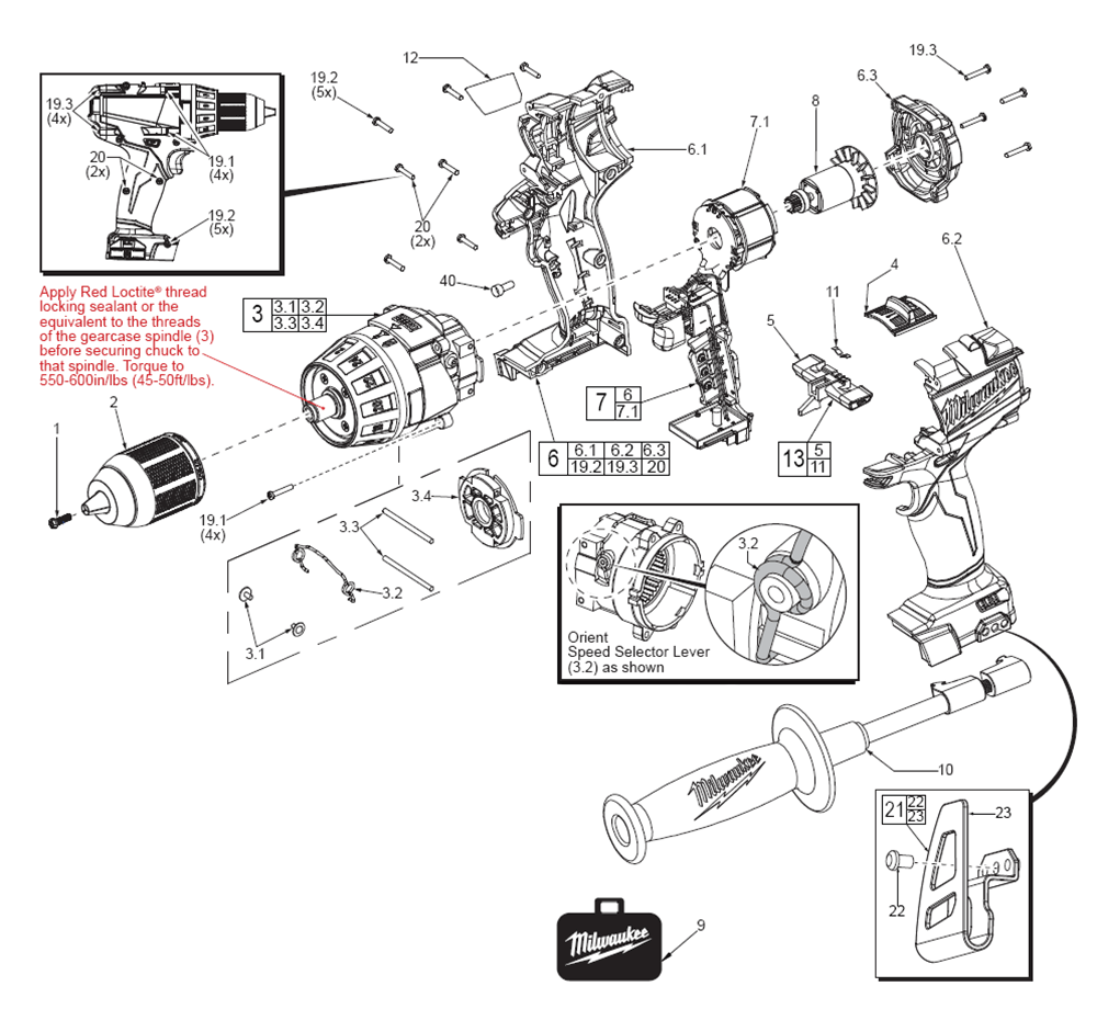 Fig-0 Diagram and Parts List for 2603-20 D55D Milwaukee Cordless Drill