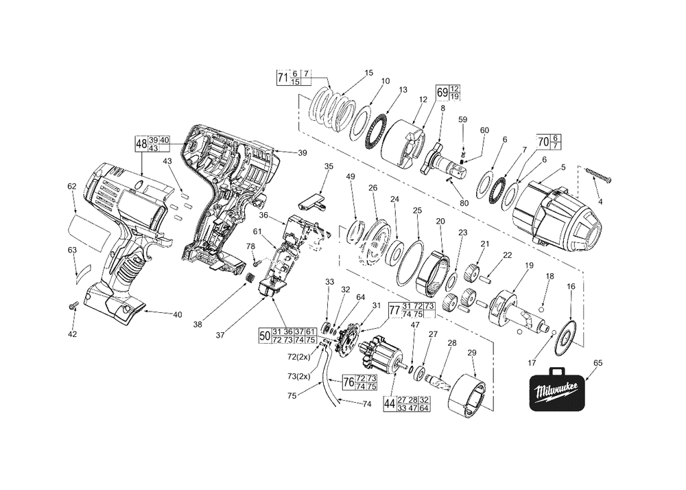M18 1/2-Inch Square Impact Wrench Diagram and Parts List for 2662-22 B79D Milwaukee Wrench