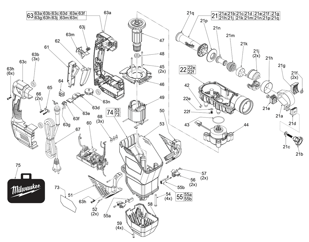 Fig-1 Diagram and Parts List for 5546-21 K61A Milwaukee Hammer Drill
