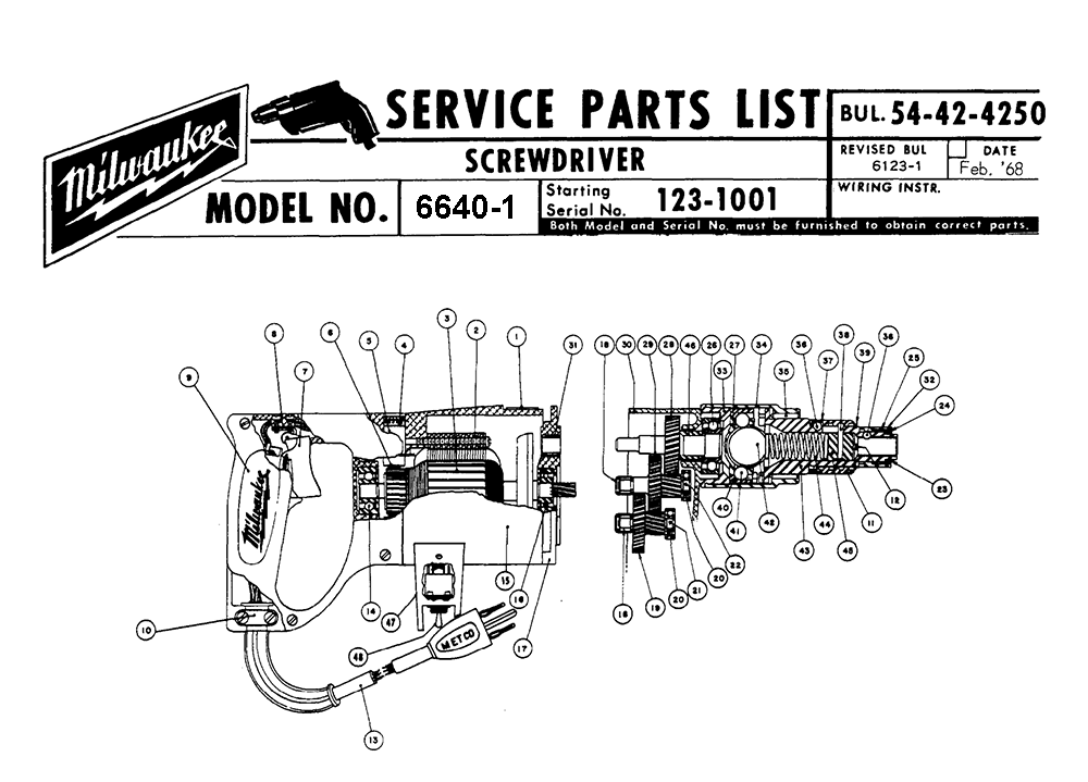 Fig-0 Diagram and Parts List for 6640-1 123-1001 Milwaukee Electric Drill