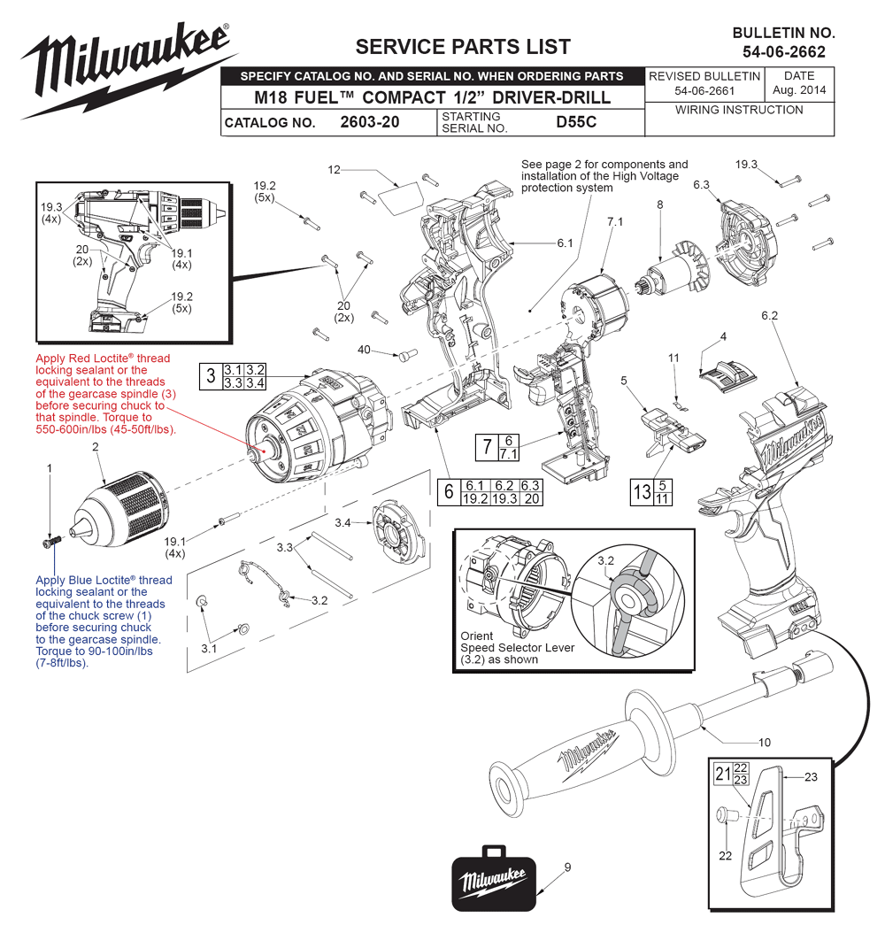 Fig-0 Diagram and Parts List for 2603-22 D55C Milwaukee Cordless Drill