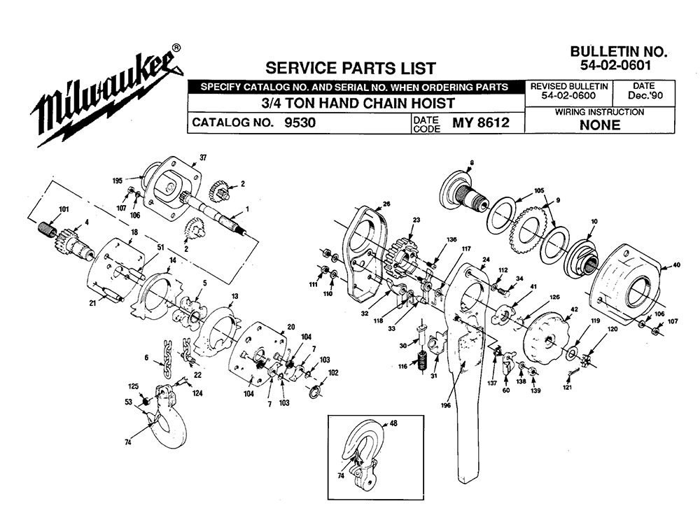 Fig-0 Diagram and Parts List for 9530 MY8612 Milwaukee Hoist & Winch