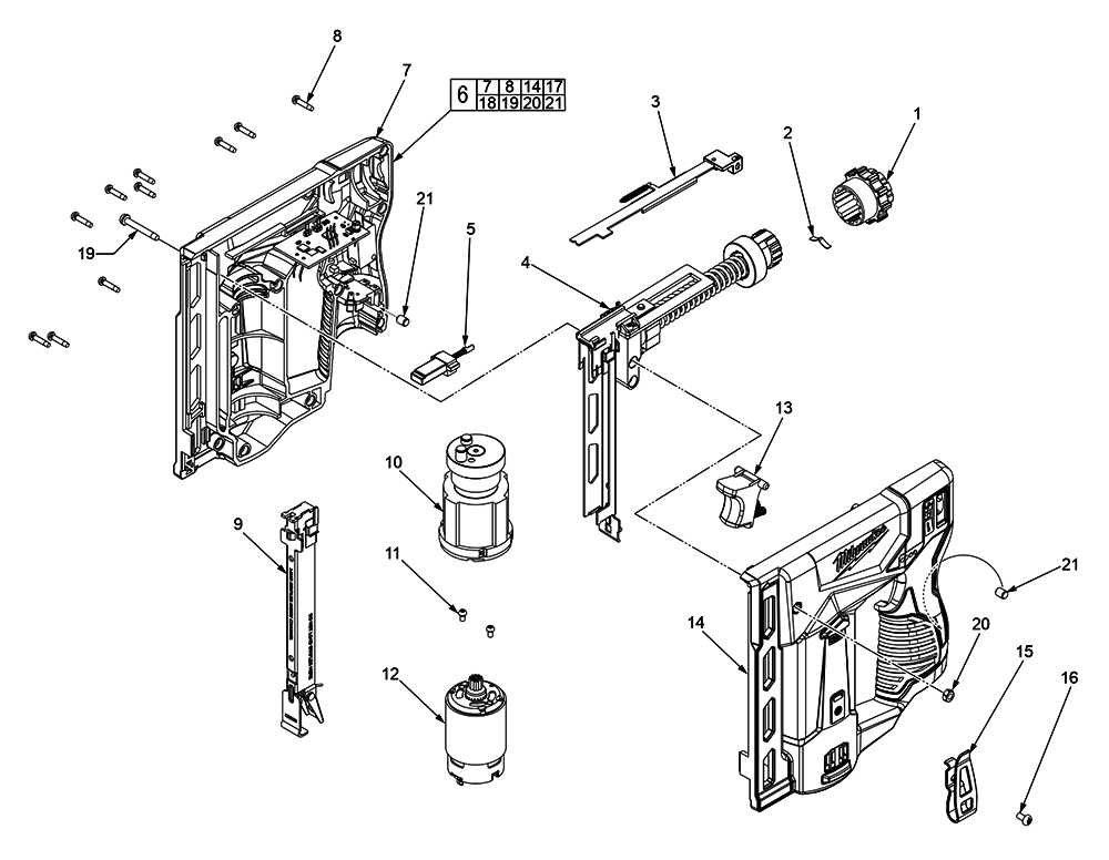 Fig-0 Diagram and Parts List for 2447-20 J70A Milwaukee Nailer