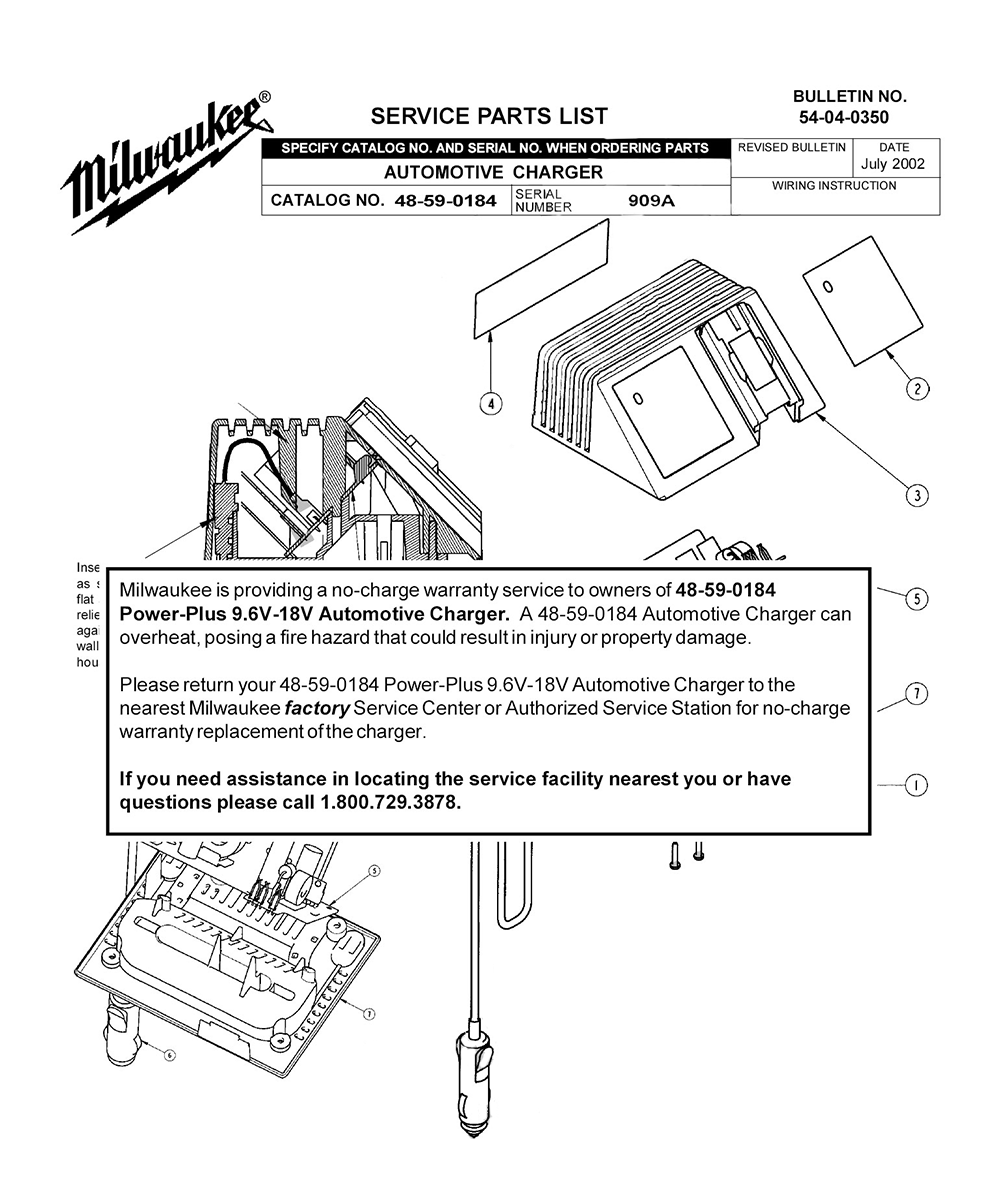 Fig-0 Diagram and Parts List for 48-59-0184 909A Milwaukee Charger
