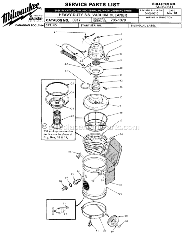Page A Diagram and Parts List for 8917 SER 705-1370 Milwaukee Utility Vacuum