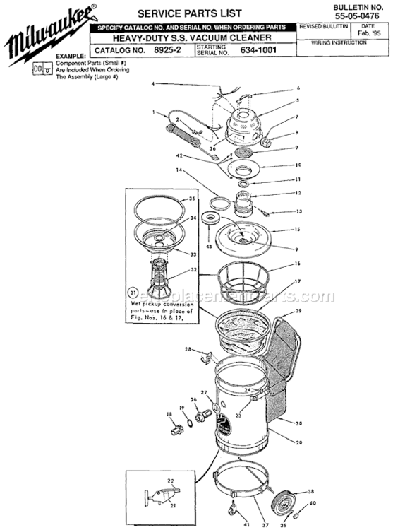 Page A Diagram and Parts List for 8925-2 SER 634-1001 Milwaukee Utility Vacuum
