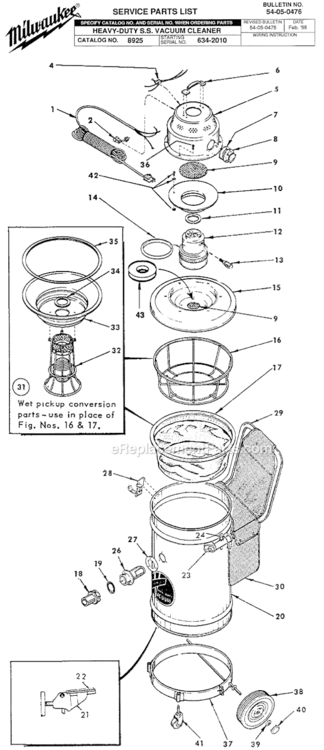 Page A Diagram and Parts List for 8925 SER 634-2010 Milwaukee Utility Vacuum