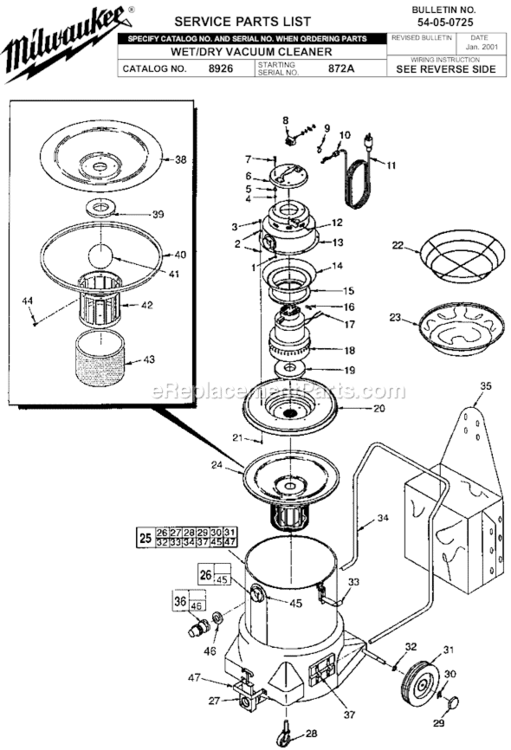Page A Diagram and Parts List for 8926 SER 872A Milwaukee Utility Vacuum