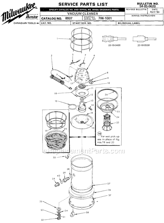 Page A Diagram and Parts List for 8937 SER 706-1001 Milwaukee Utility Vacuum