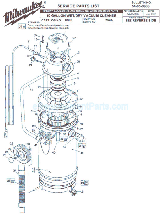 Page A Diagram and Parts List for 8965 SER 759A Milwaukee Utility Vacuum
